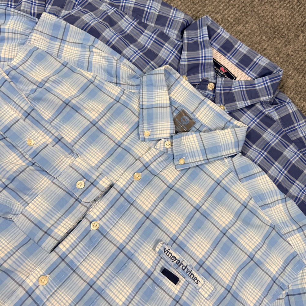 2pk Vineyard Vines Mens XXL Harbor Shirts Performance Plaid Blue Fishing Shirts